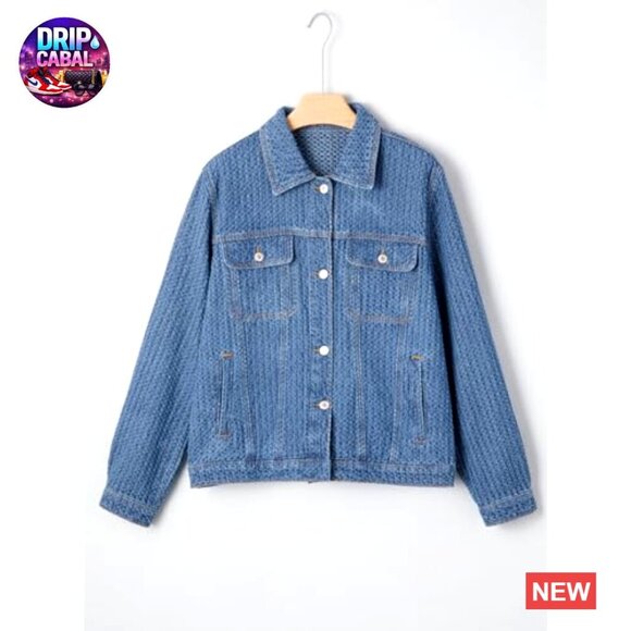 Oversized Boyfriend Jean Jacket Textured Denim Long Sleeve Button Up Tunic - Picture 3 of 7